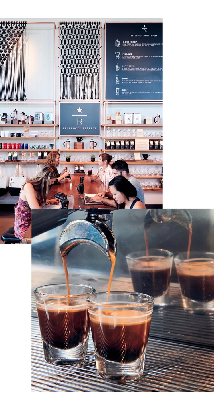 A Starbucks Reserve location and espresso brewing.