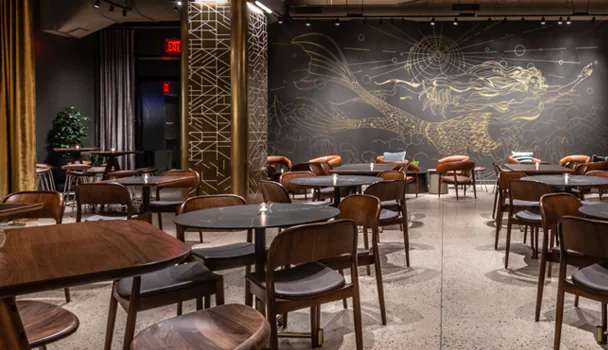 Inside view of the Concourse level of the Starbucks Reserve Empire State Building store.