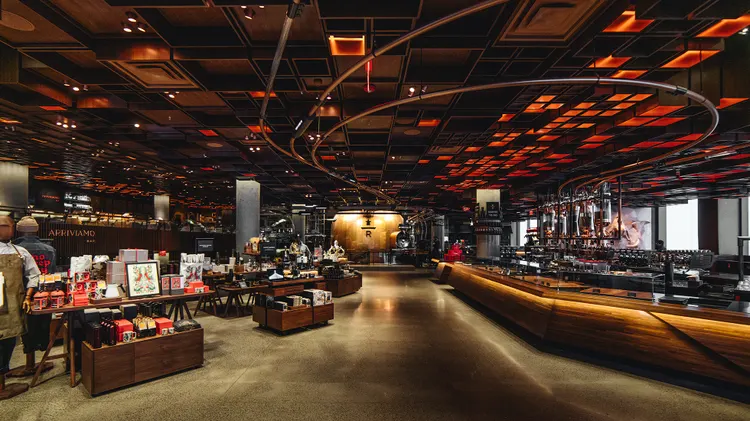 The large copper cask in the New York Roastery shown from a distance