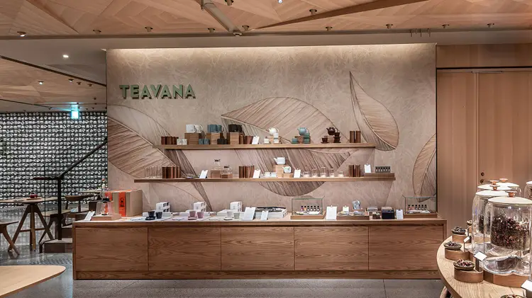 Japanese Paper (Washi) Wall featuring a tea leaf design and Teavana logo
