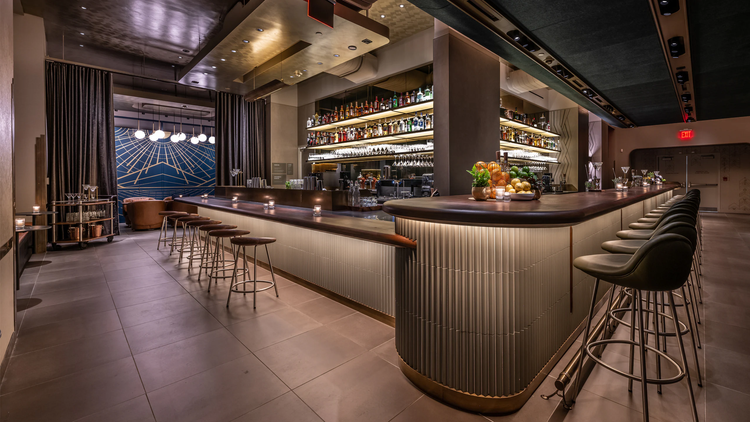 Inside view of the second level of the Starbucks Reserve Empire State Building store.