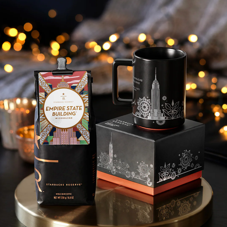Starbucks Reserve Empire State Building coffee bag and mug.