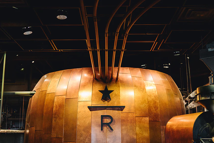 Close-up view of the copper cask in the New York Roastery