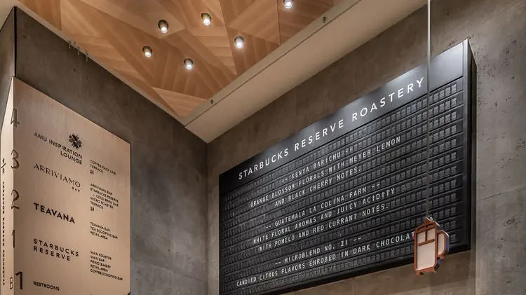 The Clacker Board displaying the names and tasting notes of available Starbucks Reserve coffees
