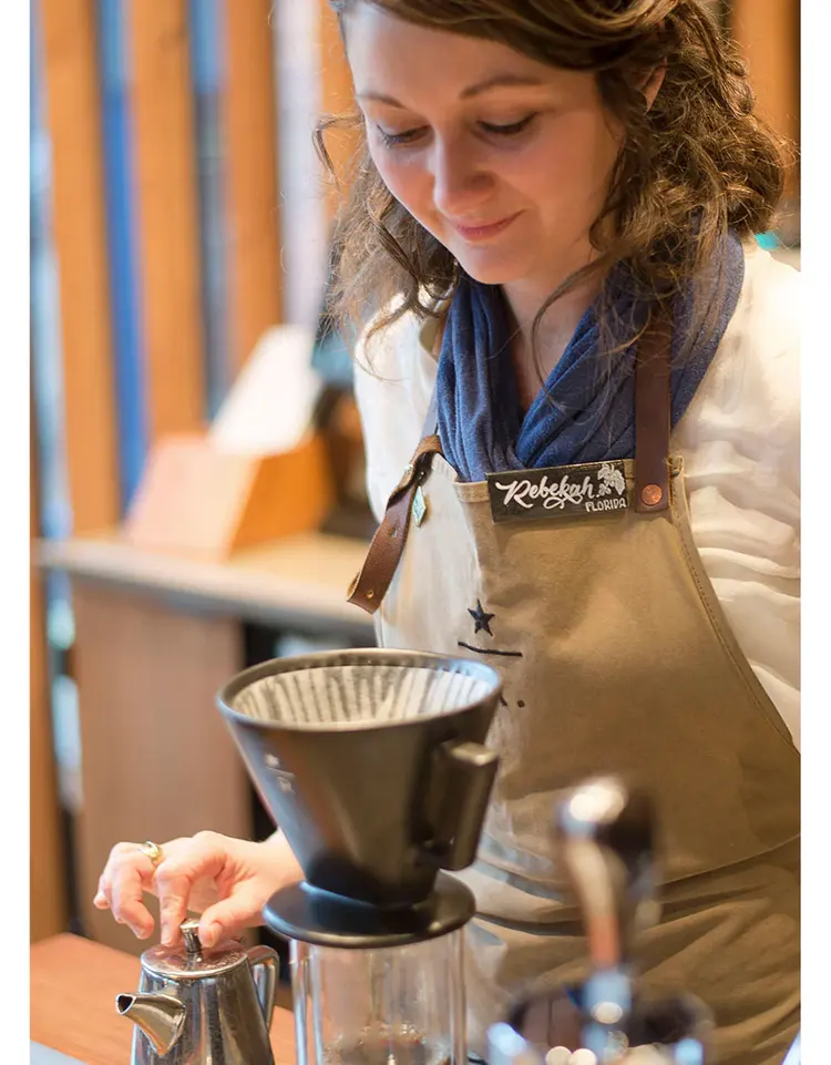 A partner brewing a pour over coffee.