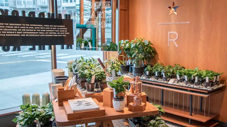 Merchandise on a table in the Seattle Roastery.